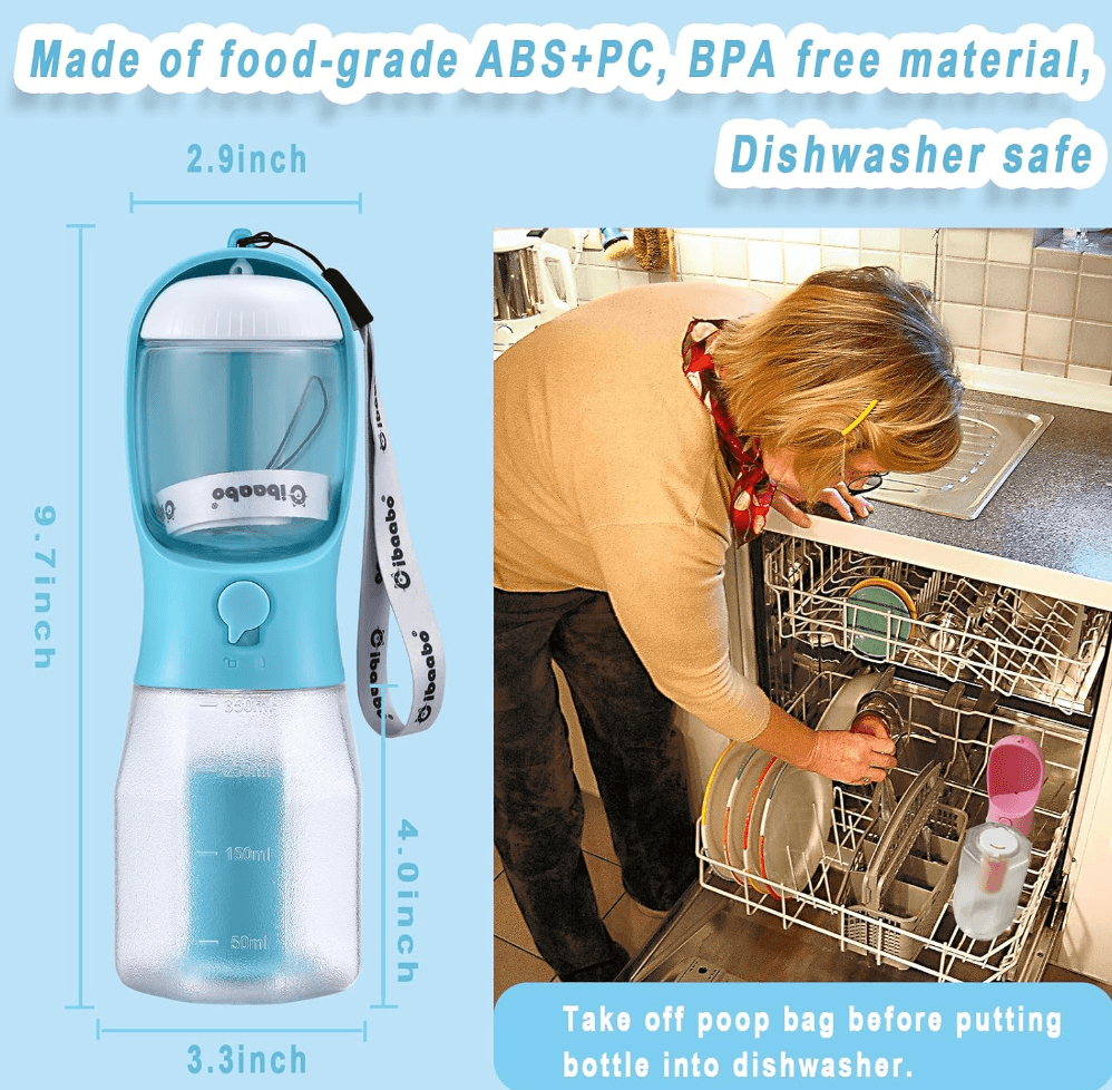 3-in-1 Pet Water & Food Bottle with Waste Bag Holder